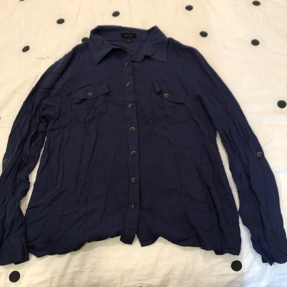 Navy Blue Flowy Button-Up Top